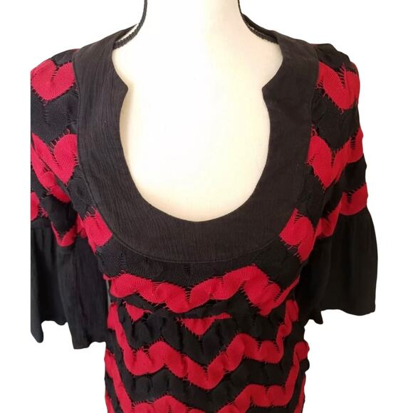 Judith Marsh Size Large Red & Black Crocheted Lace Bell Sleeve Dress - Picture 2 of 6